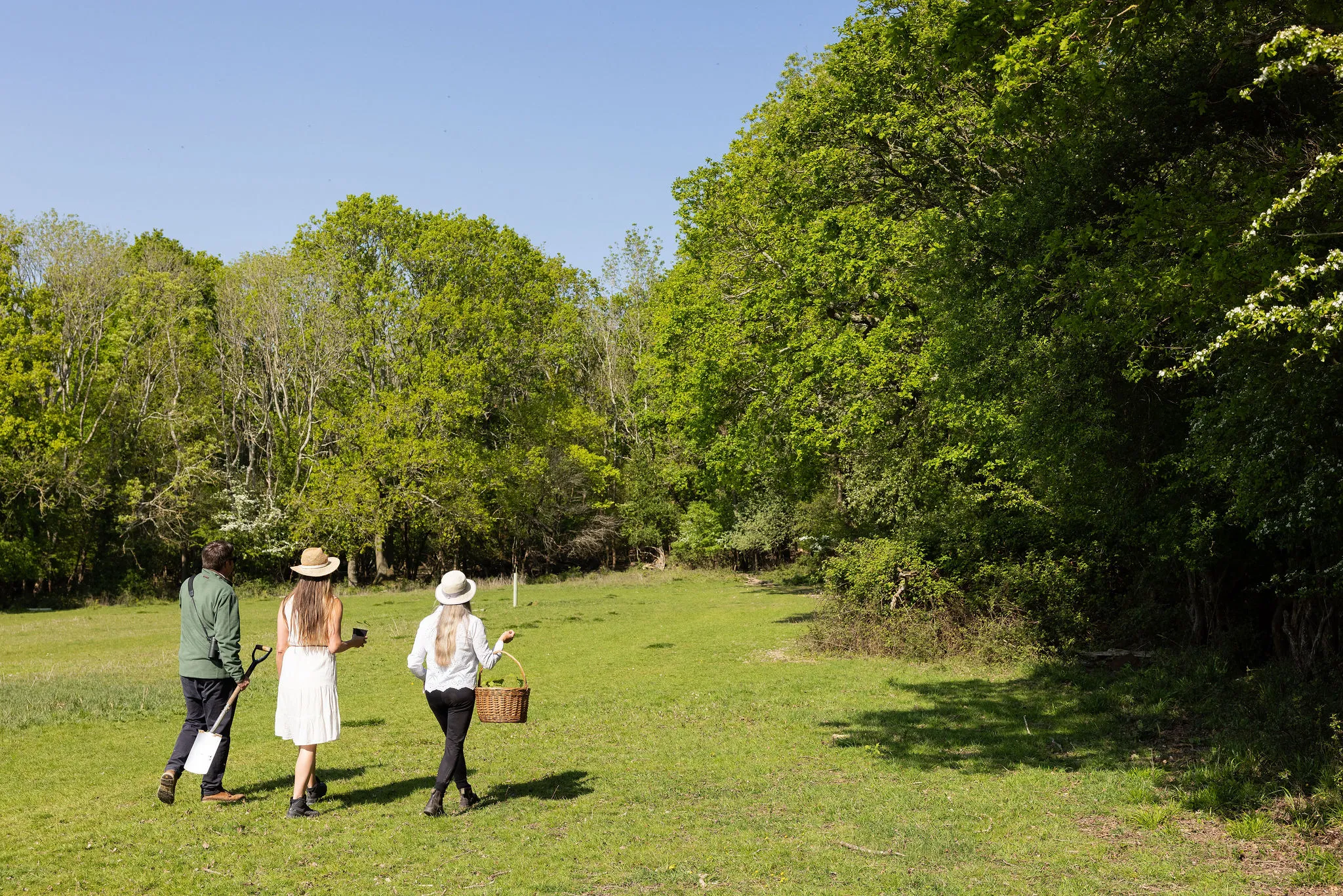 Three people walking across a sunlit meadow towards woodland at Oakwood West, one carrying a spade and one a basket.